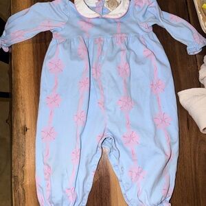 The Beaufort Bonnet Company Light Blue Romper with Pink Floral Trim